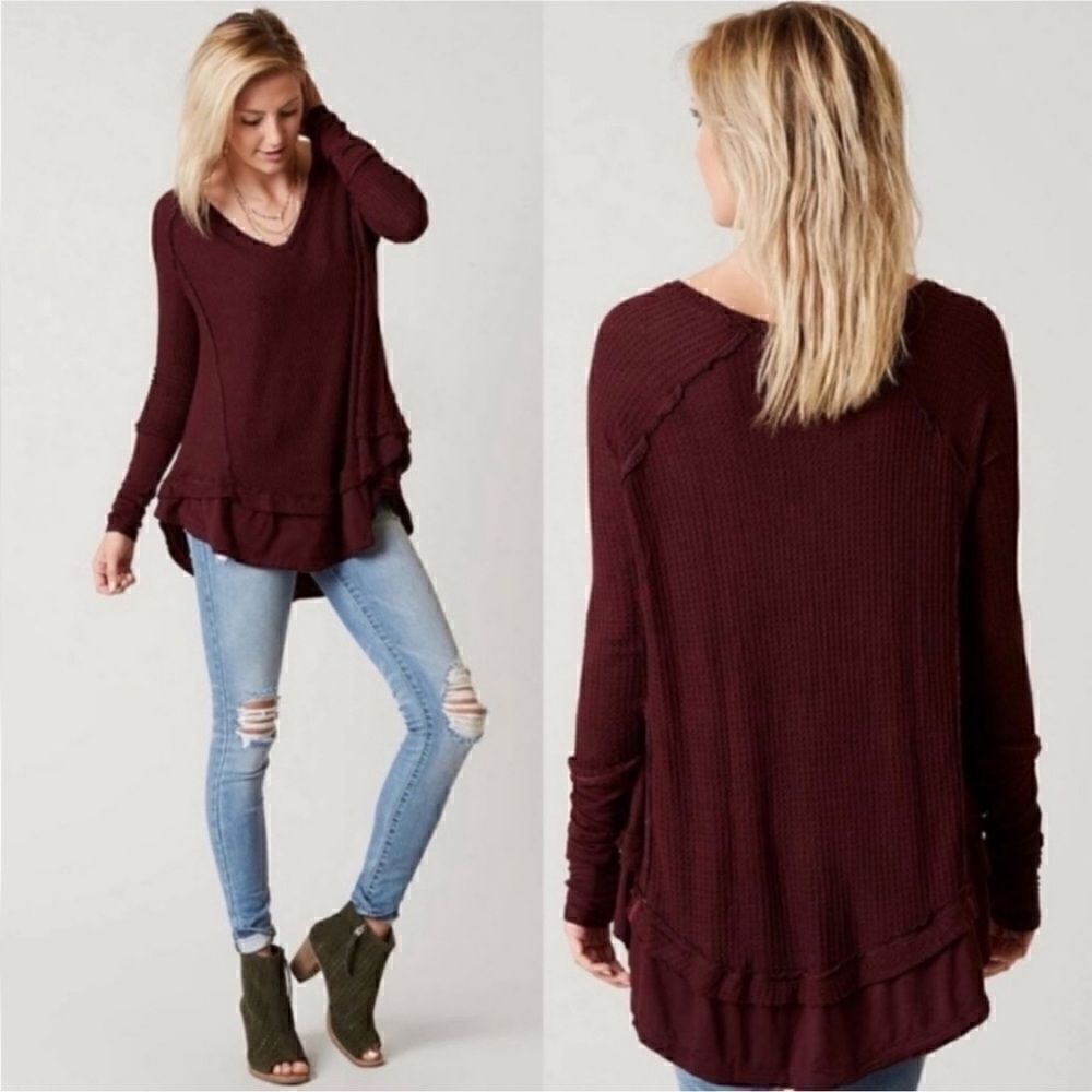 Free People Size XS Maroon Wide Red Oversized Boho Laguna Tunic Top Waffle Knit